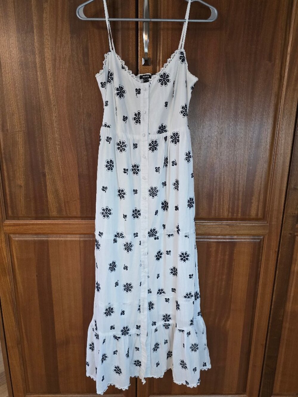 Mexx Vintage white/black Floral Maxi Dress Spaghetti Strap Lettuce Hem 90s Y2K